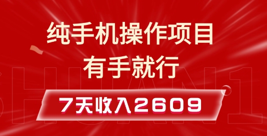 纯手机操作的小项目，有手就能做，7天收入2609+实操教程【揭秘】-爱搜