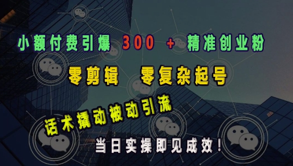 小额付费引爆 300 + 精准创业粉，零剪辑、零复杂起号，话术撬动被动引流，当日实操即见成效-爱搜